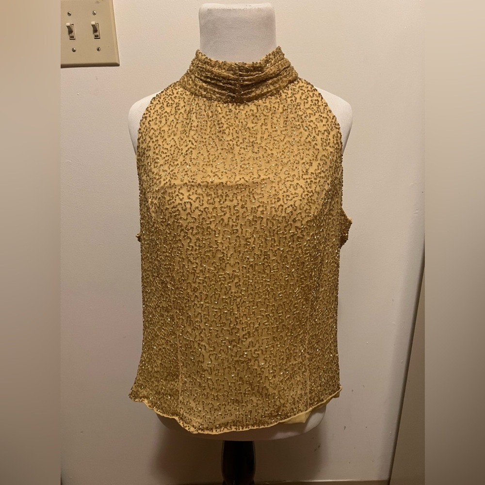 Vintage Laurence Kazar Silk Embroidered Gold Beaded Sleeveless Halter Top Sz XL